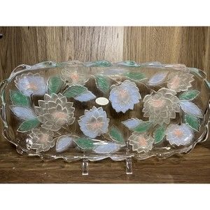 Vintage Crystal Clear Studios Blue Frosted Chrysanthemum Pattern 15”x7.5”